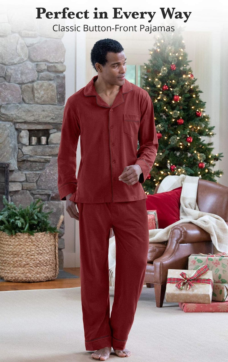 PajamaGram Mens Pajama Set Cotton - Mens PJ Sets, Long Sleeve, Brick, XL - Image 3